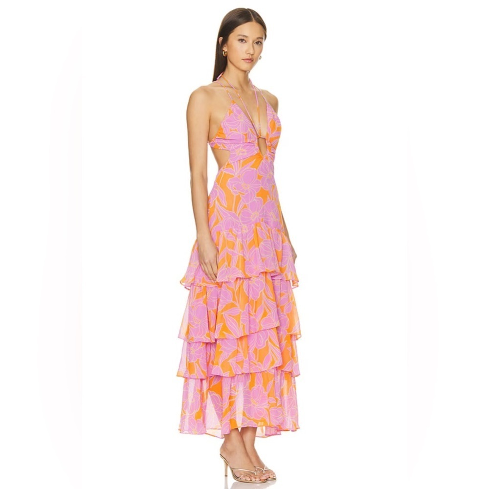ASTR The Label Women's Large Aneira Dress Orange Purple Floral Maxi Ruffle Strap